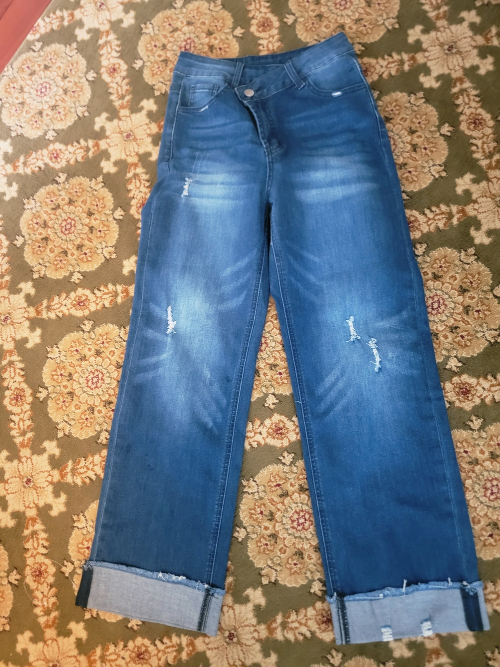 Mid Blue Straight Leg Jeans with Rolled Raw Hems